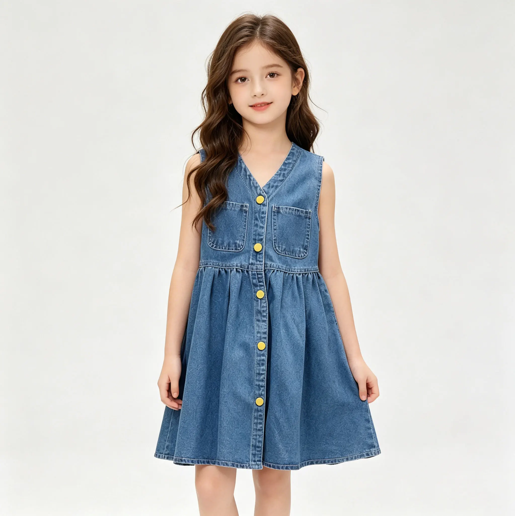 Girls Sleeveless Denim Dress V Neck Button Casual Jean Sundress Kids Summer A-Line Flare Dress for Daily Wear Outdoor Holiday