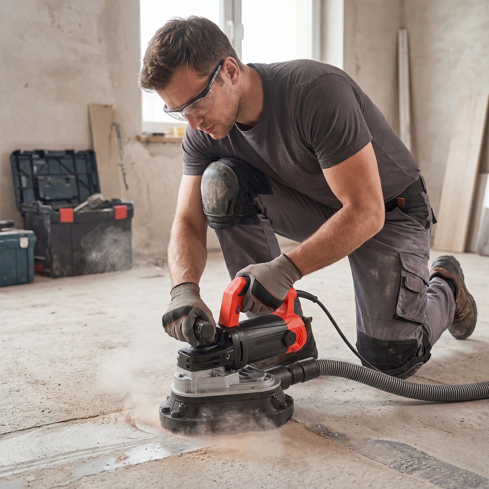 Concrete Floor Grinder, 3-Head 2450W Three-Axis Concrete Grinding Machine, 6-Speed Variable Floor Sander with Extension Pole, for Grinding Cement, Marble, Granite Surfaces, Ideal for Floor Renovation and Surface Preparation