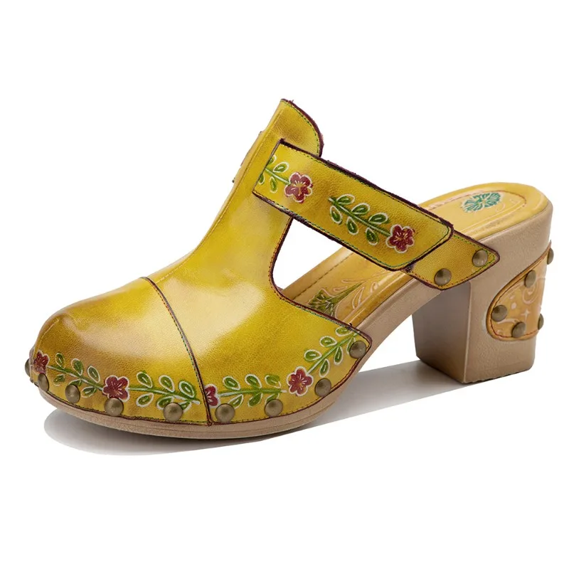 2026 New 5cm Summer Genuine Leather Retro Outside Slippers Riveted High Heels Slides Retro Printed Sandals Women Shoes
