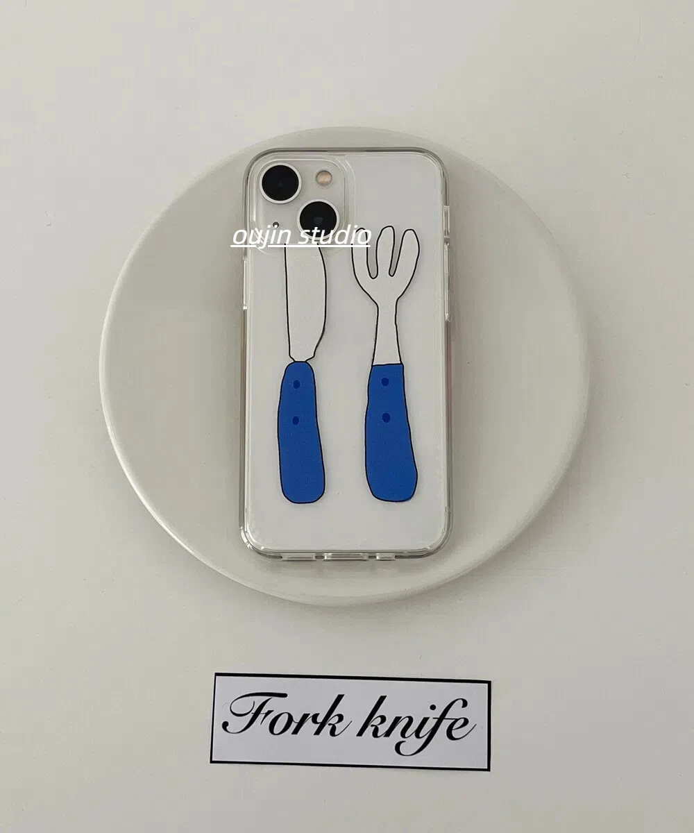 South Korean ins niche design blue knife and fork acrylic phone case for 15promax/14 New 15pro female 15 phone case 14promax/13