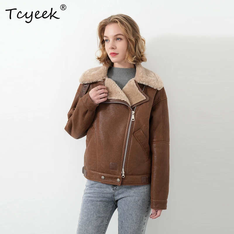 Tcyeek Real Sheepskin Autumn Winter Trendy Retro Motorcycle Caramel Color Short Women's Shearing Wool Fur Coat Manteau Femme