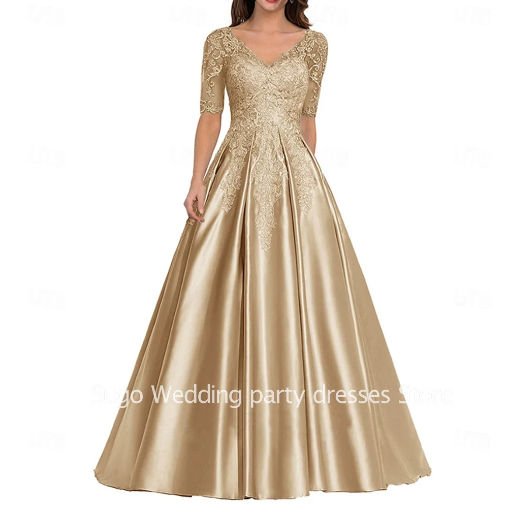 Customized Elegant Beads Long Mother of the Bride Dresses Satin V-Neck Floor-Length A-Line Wedding Guest Party Groom Dress 2025