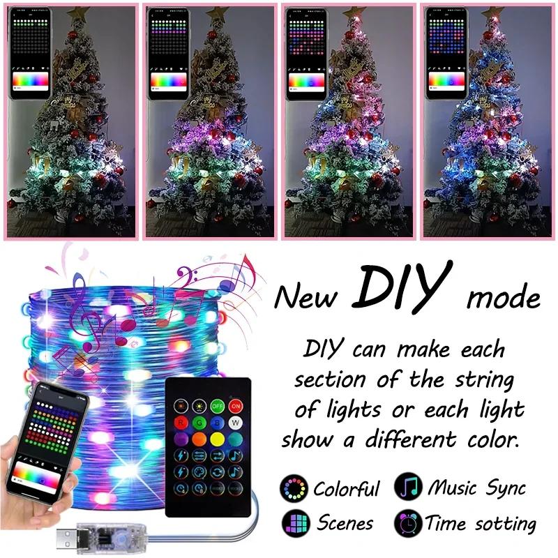 2-30M WS2812B Bluetooth Christmas Lights Fairy Lights Dreamcolor RGBIC Addressable LED String Wedding Festoon Home Party Decor