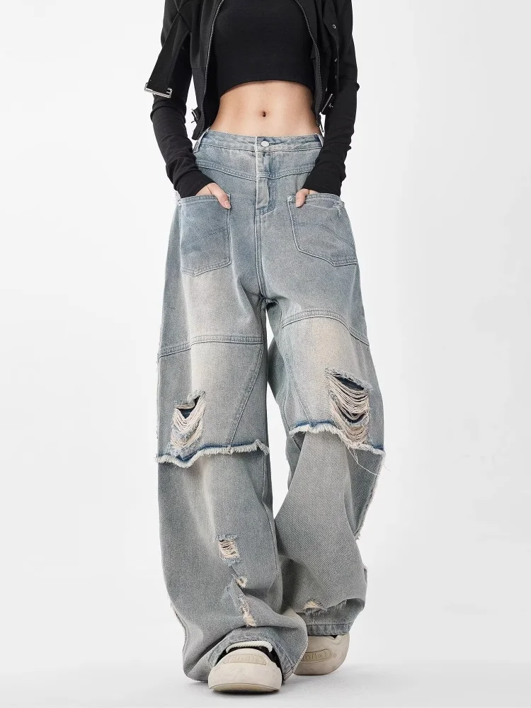 

Trashy Y2K 2000S Washed Blue Baggy Stacked Ripped Jeans Pants For Women 90S Vintage Clothes New Rock Gothic Lady Denim Trousers