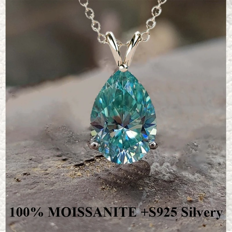 

100% MOISSANITE S925 silvery necklace for Women, pear shape cyan blue Moissanite Pendant Necklace with 925 Silvery bunny ear