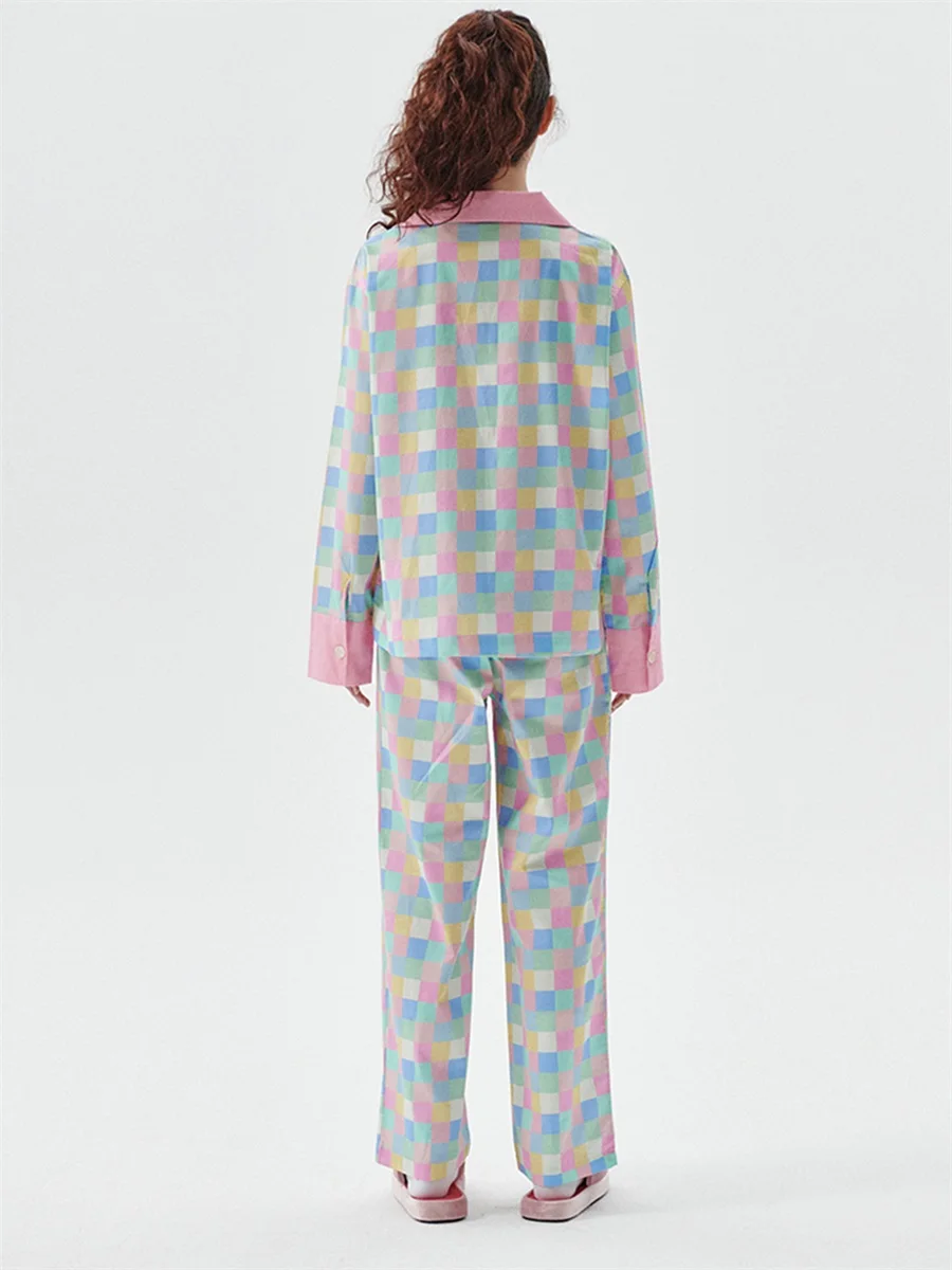 Женский пижамный комплект из 2 предметов, красочная клетчатая рубашка с длинными рукавами и эластичные брюки для домашней одежды, мягкая одежда для сна