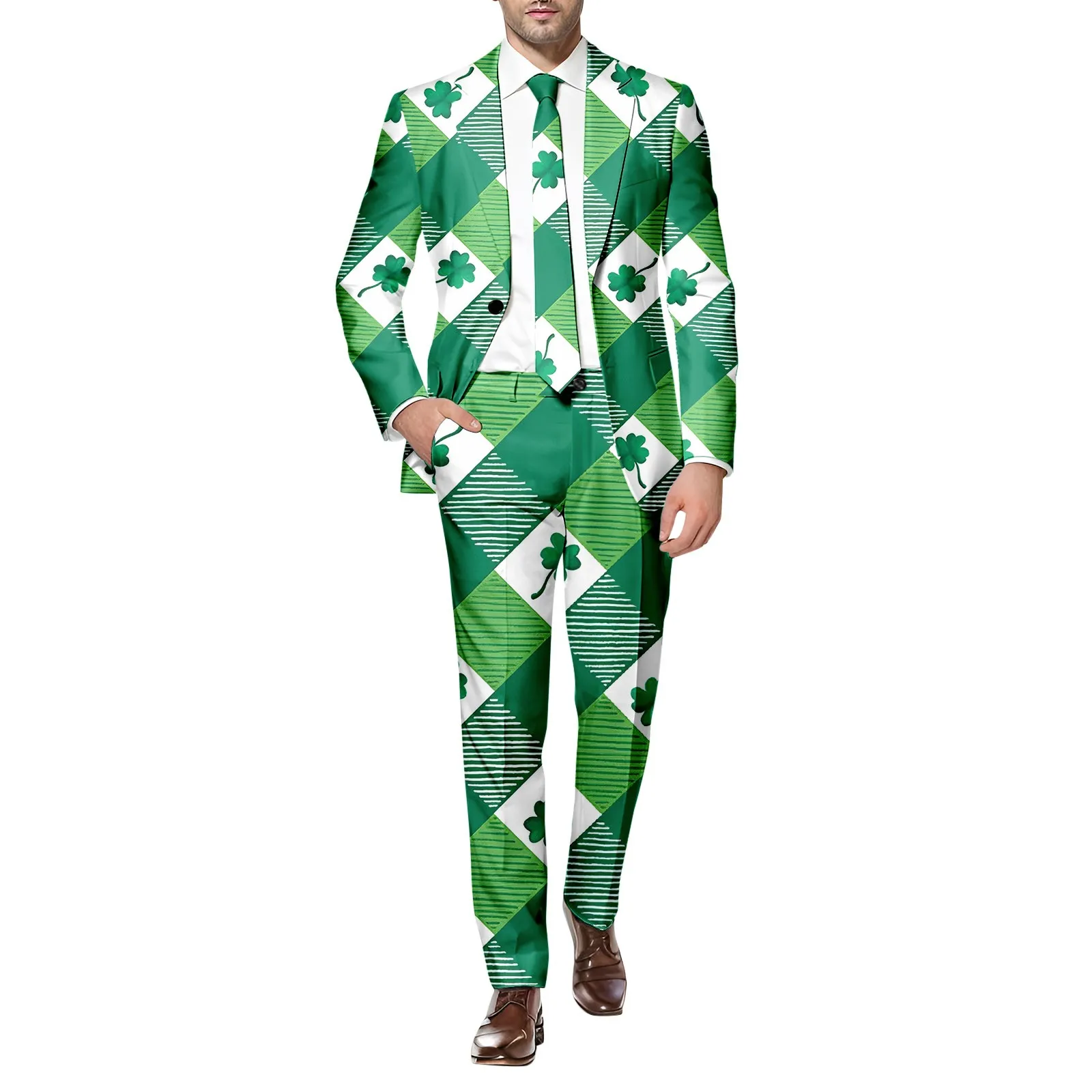 Mens Stage Prom Suits Jacket Pants Men Dance Festival 3.17 Happy St. Patrick’s Day Green Tee Print Party Costume Blazers Suits