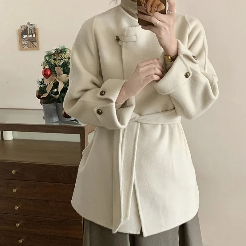 Temperament design medium and long collarless lace-up double-sided wool coat woolen jacket autumn and winter coat