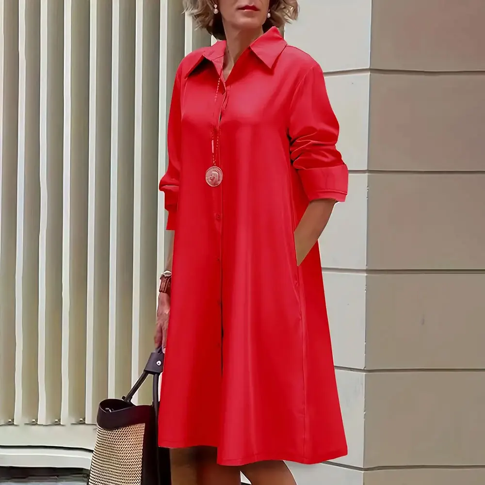 Women\'s Shirt Dress Casual Dress Shift Dress Pure Color Button Up Pocket Shirt Collar Midi Dress Casual Daily Long Sleeve Summer