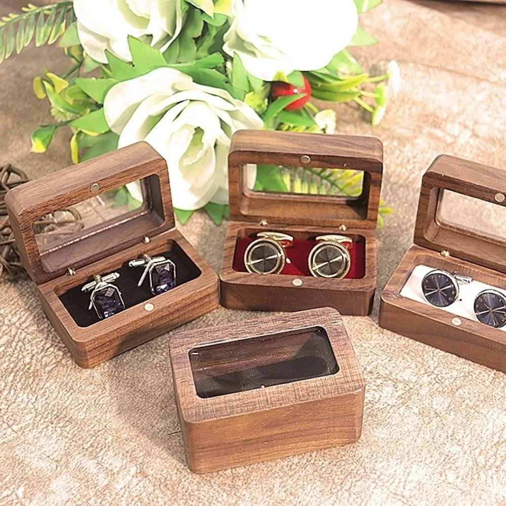 

Double Slot Wooden Ring Box Opening Window Dustproof Black Walnut Cufflinks Box Rectangular Exquisite Jewelry Ring Holder