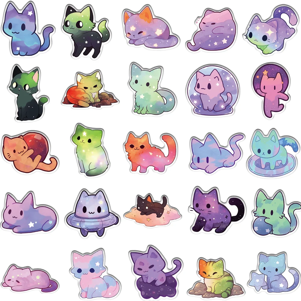 Pegatinas de gato estrellado de dibujos animados morados, lindo cuaderno diario DIY, equipaje portátil, impermeable, juguetes de regalo para niños, 50 unids/lote por bolsa