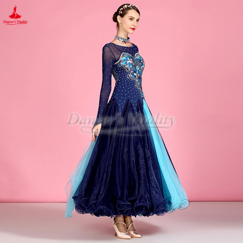 Dark Blue Hook Finger Long Sleeves Social Dance Perform Dresses Adult Waltz Foxtrot Quickstep Tango Contest Professional Clothes