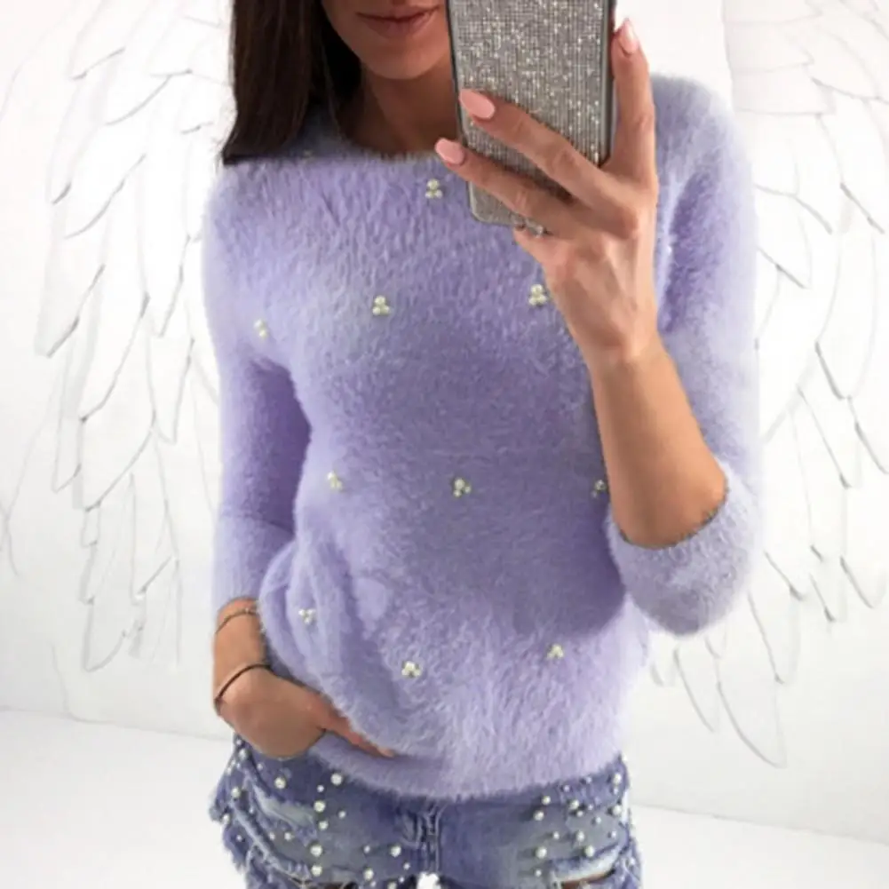 Schicker Winter pullover Langarm Skin-Touch-Pullover Pullover Imitation Perlen Dekor Fuzzy Strick pullover