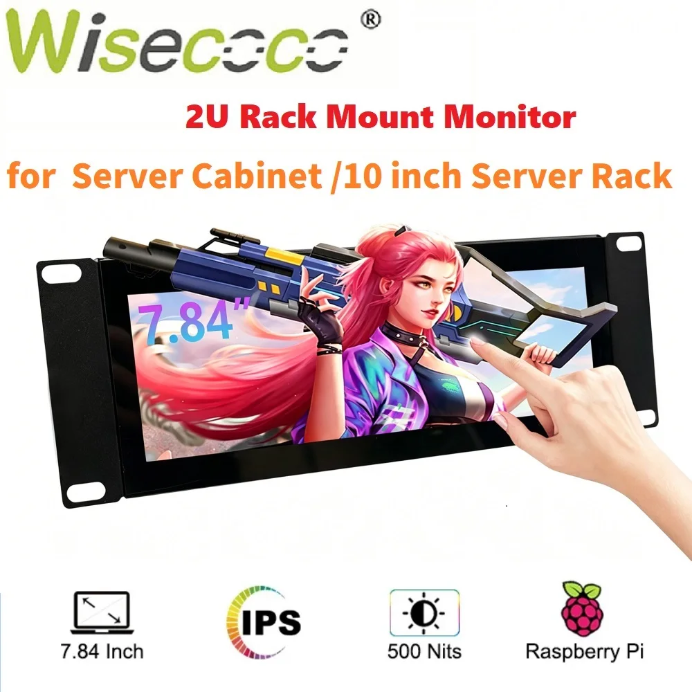 Wisecoco 7.84Inch Rack Mount Touch Monitor Secondary Screen 1280x400 Bar LCD Display for 10 inch 2U Rack Rackmate Server Cabinet