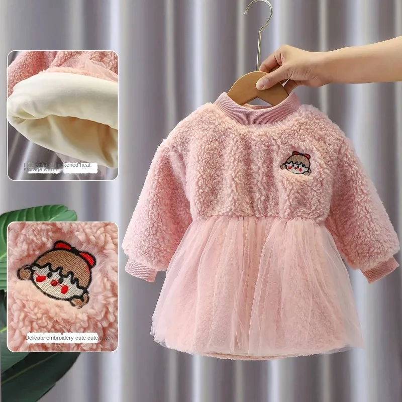 Toddler Baby Girl Winter Velvet Warm Dress Kids Lambswool Mesh Princess Dress Infant Children Fall Outfits fits 1-7 Years