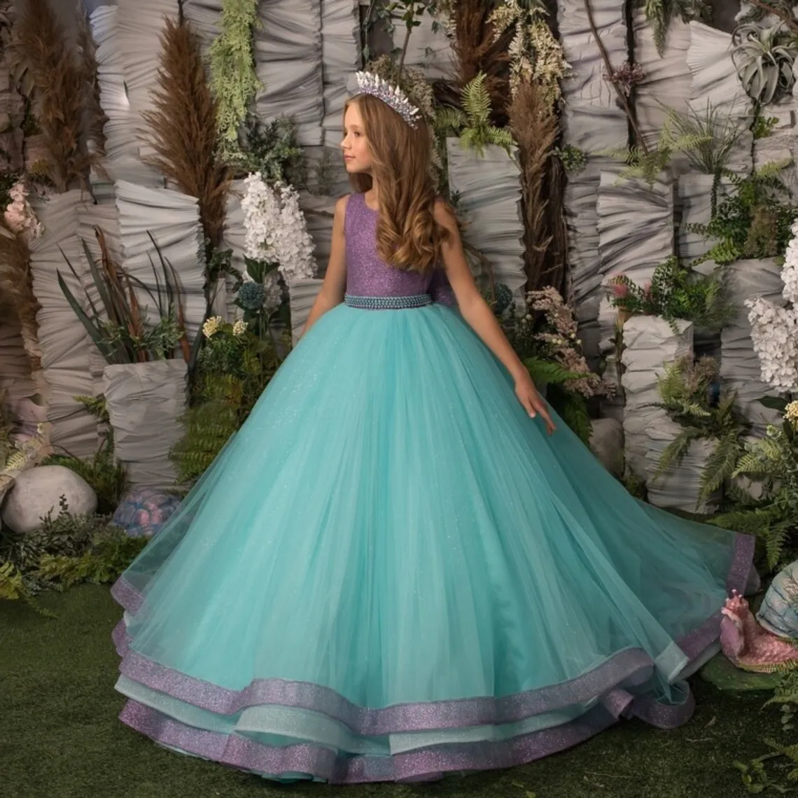 Vestidos de flores purpurina púrpura para niña, tul con cuentas, lazo largo, boda, Princesa, fiesta de cumpleaños, desfile, vestidos formales para niñas