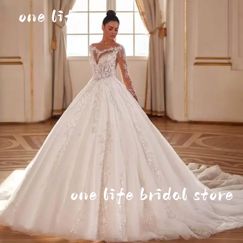 

Customized Ball Gown Royal Wedding Dresses O-Neck Long Sleeve Robe De Mariee Lace Beaded Princess Glitter Custom Made Bridal