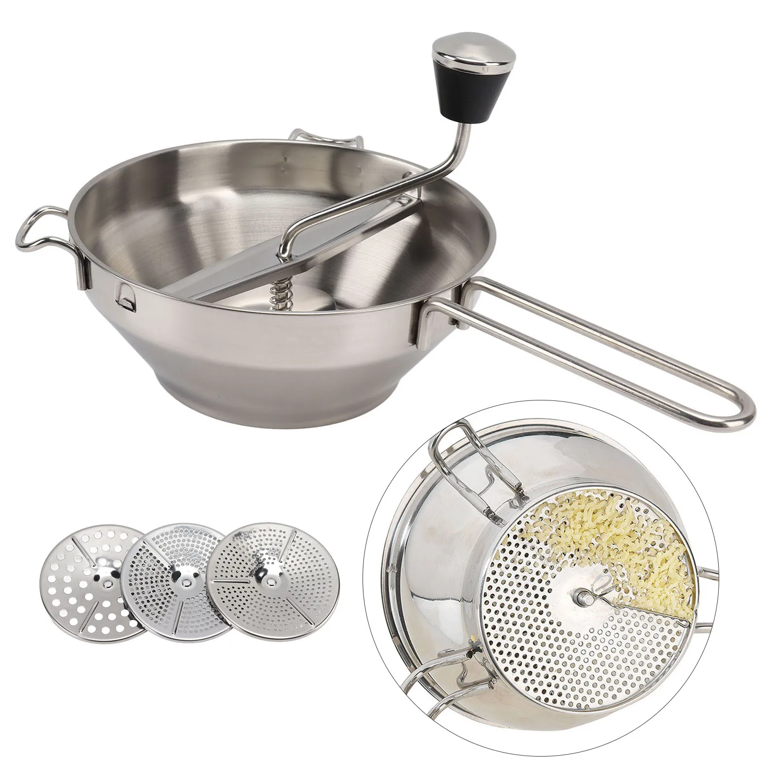 Vegetable Mill Stainless Steel Food Rotary Mill Strainer Potato Strawberry Jam Grinder Garlic Press Masher with 3 Milling Disc