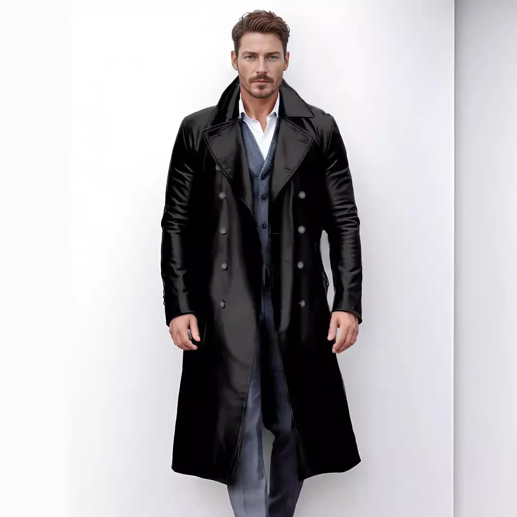 Men's Autumn Fashion Pu Leather Jacket, Europe and The United States Solid Color Double Breasted Mid-length Leather Trench Coat