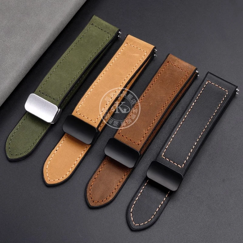 Crazy Horse Cowhide Magnetic Silica Gel Strap for for Huawei Watch3/4Pro/GT2/GT3  Genuine Leather Strap Quick release 20mm /22mm