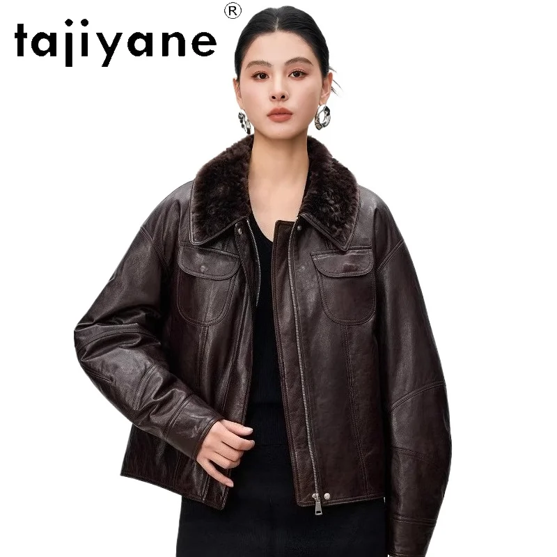 TAJIYANE Giacche Imbottite in Pelle di Pecora 90% Piumino d'Oca Cappotti Corti in Vera Pelle da Donna con Collo in Lana Abbigliamento Invernale 2025
