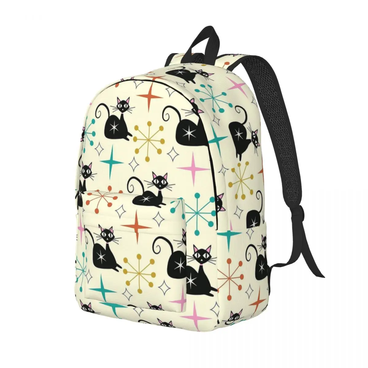 Mid Century Black Atomic Cat With Starbursts Student Backpack School Bag Hiking Travel Daypack Fashion Bookbag Shoulder Bags