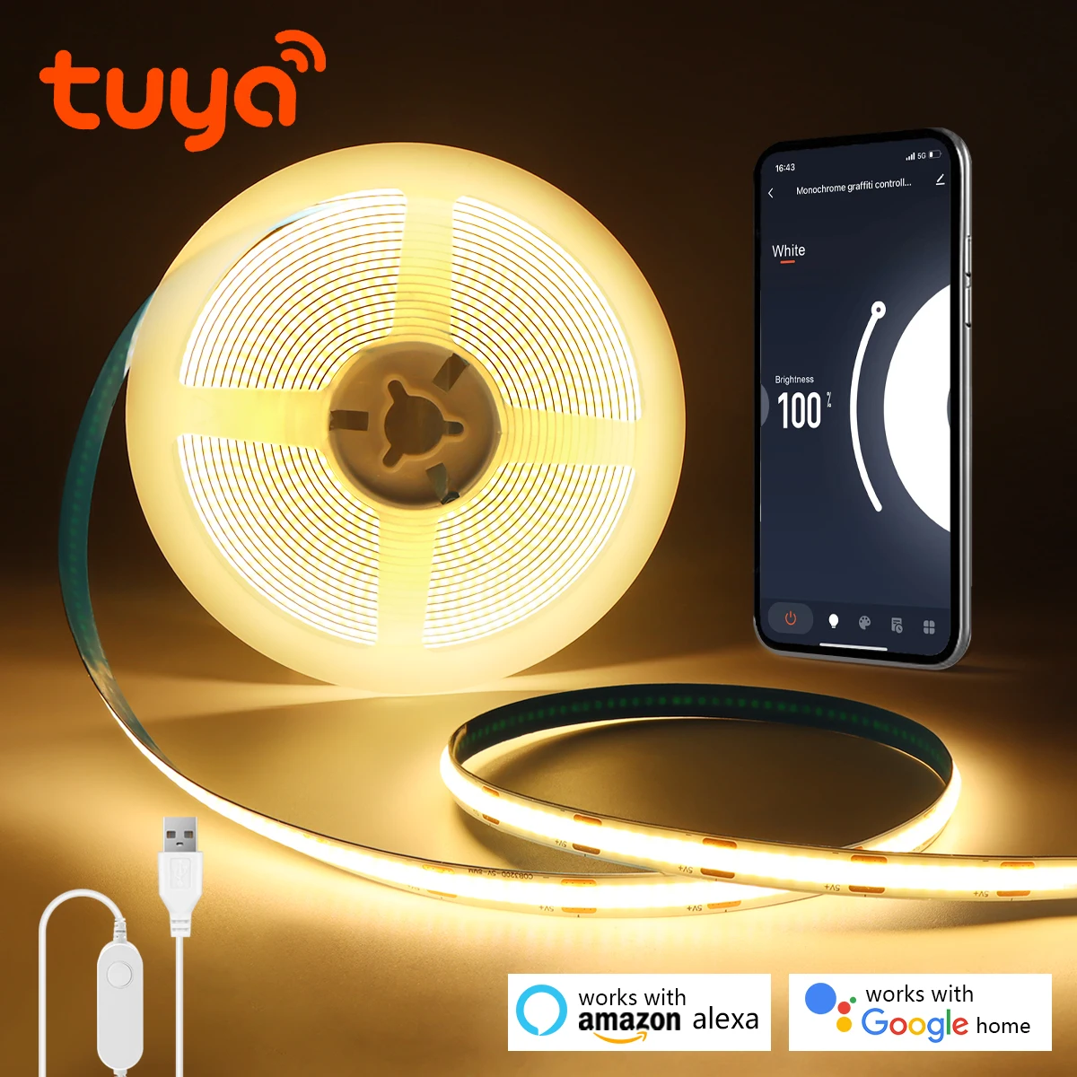 USB 투야 스마트 라이프 와이파이 COB LED 스트립, 1M, 2M, 3M, 5M, 화이트, 웜 화이트, 조도 조절 COB LED 스트립 라이트, 알렉사 구글 홈과 함께 작동