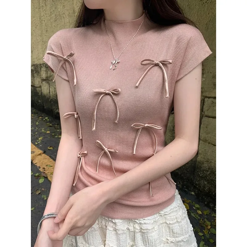 

Women's Crew Neck Cap Sleeve Knit Top With Bow Decor Ruched Side Slim Fit Casual Daily Blouse