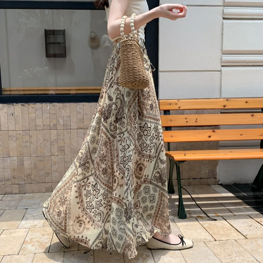 

Этническая юбка-миди с принтом из шифона, с завышенной талией, А-силуэта, для женщин, с поясом, из Юньнань X...