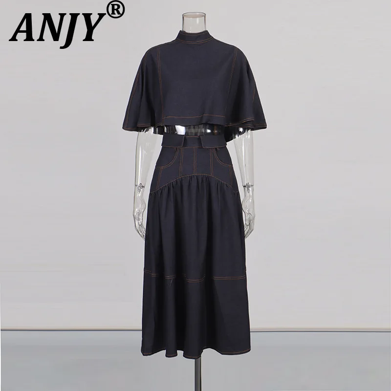

ANJY Autumn New Women Fashion Casual Two-Piece Set Cape Style Stand Collar Zipper Top High Waist Pleated Chic Denim Skirt A12157