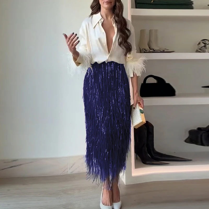 Vrouwen Casual Lange Mouw Feestrok Outfits Elegante Lovertjes Lange Rok 2Pc Pak Mode Revers Knop Shirt & Omzoomde Rok Set