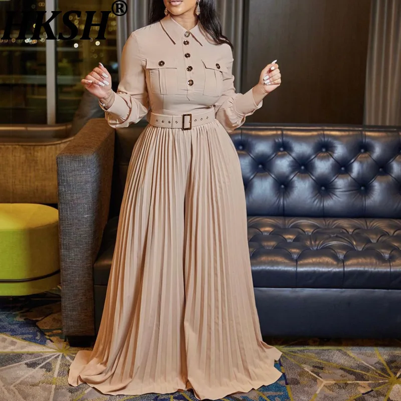 

HKSH 2026, весна-лето, новый женский комбинезон с поясом и длинными рукавами, однобортные карманы, плиссированные, повседневные, трендовые, в стиле сафари HK17582