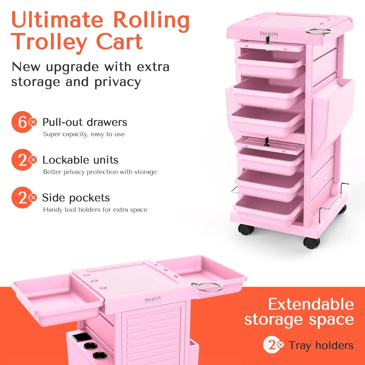 Ultimate Rolling Cart for Salon Stations - Space Saving, Lockable 6 Tray Salon Trolley with 2 Tray Holders - Hair Beauty Cart Up