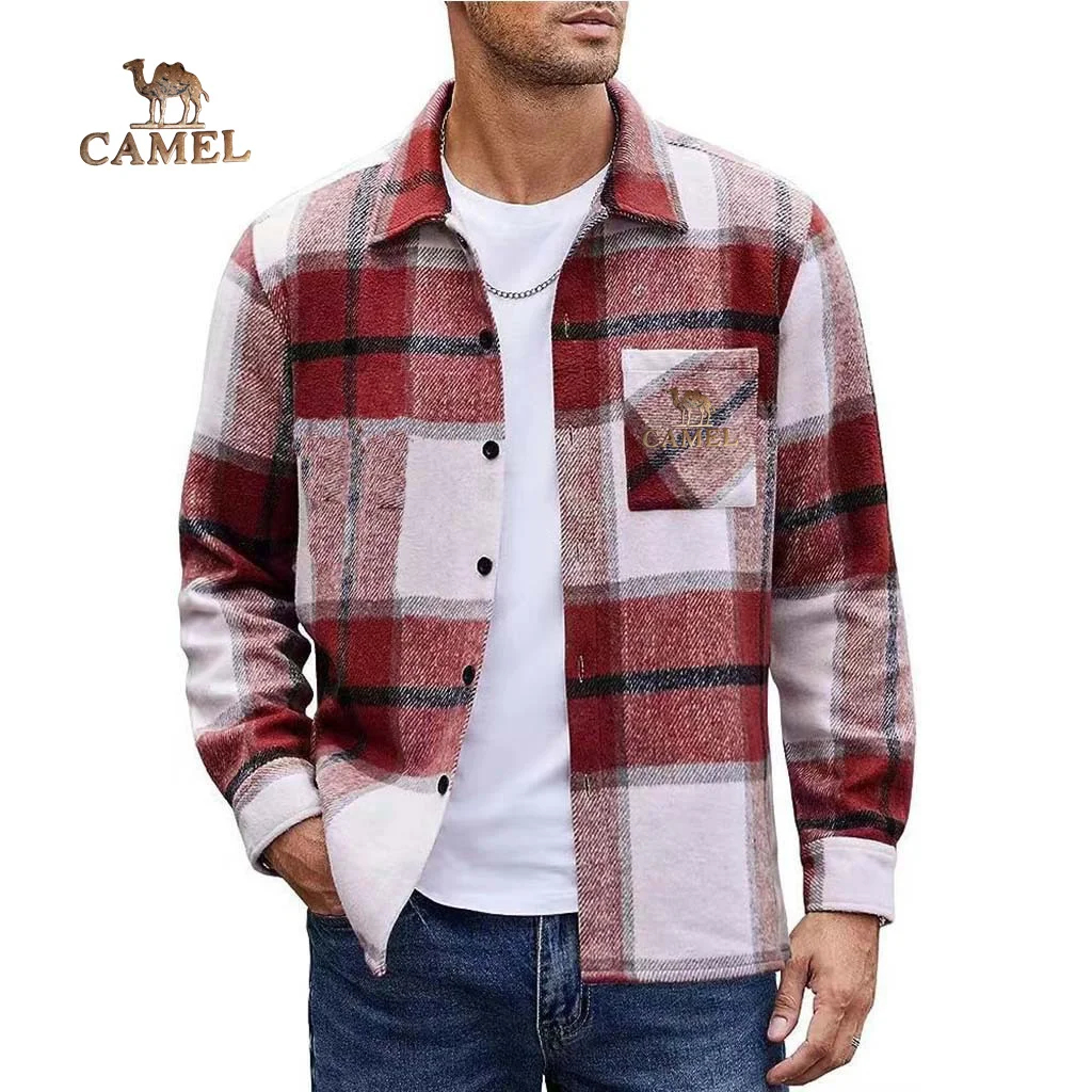 Camel Spring and Autumn Foreign Trade Men's Woolen Checkered Long sleeved Shirt Men's Casual Color blocked Cardigan Shirt Coat