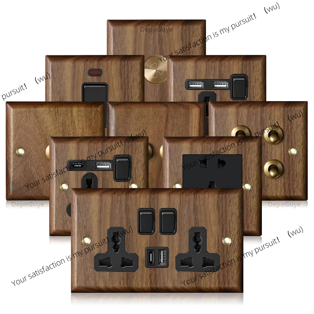Vintage European style retro wall light switch socket, solid wood brass toggle switch board