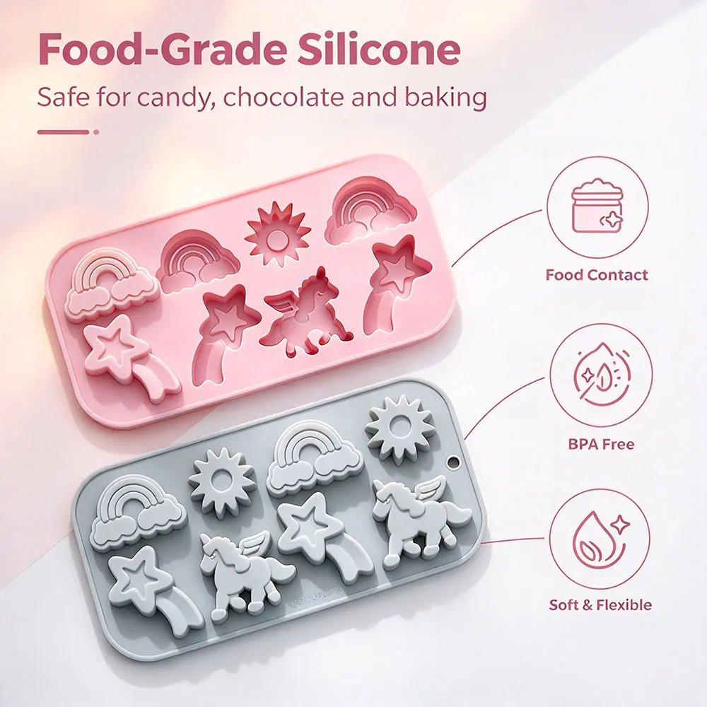 Unicorn Silicone Mold Flying Unicorn Themed Baking Mould Tray Cartoon Rainbow Meteors Sun for Party Chocolate Cake Topper Mousse