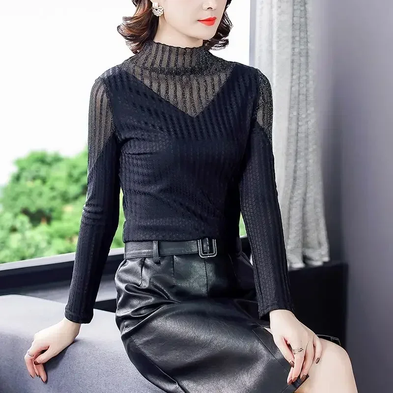 Mesh Turtleneck Top Female Lace Yk2 Korean Reviews Clothes Clearance With Sleeves Kpop Style Women's Long Sleeve T-shirt Y2k Emo