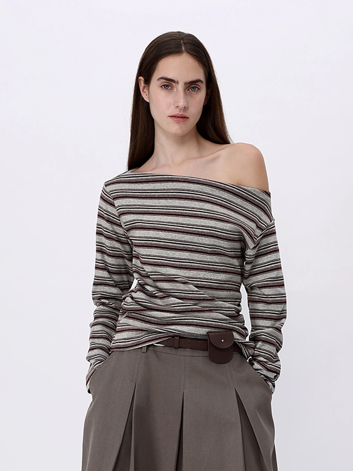 

Женская трикотажная футболка JDE с длинным рукавом, асимметричным вырезом на одно плечо, в полоску, из мягкого хлопка, для повседневной носки