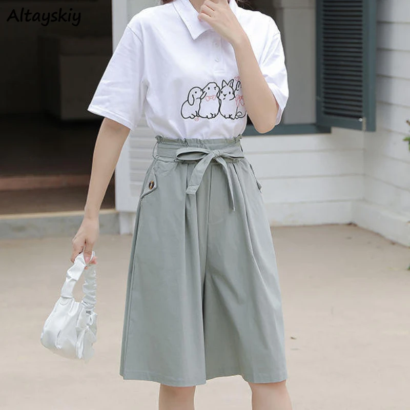 Casual Shorts Women Loose High Waist Wide Leg Trousers All-match Pockets Spring Summer Temper Ulzzang Aesthetic Trendy Daily New