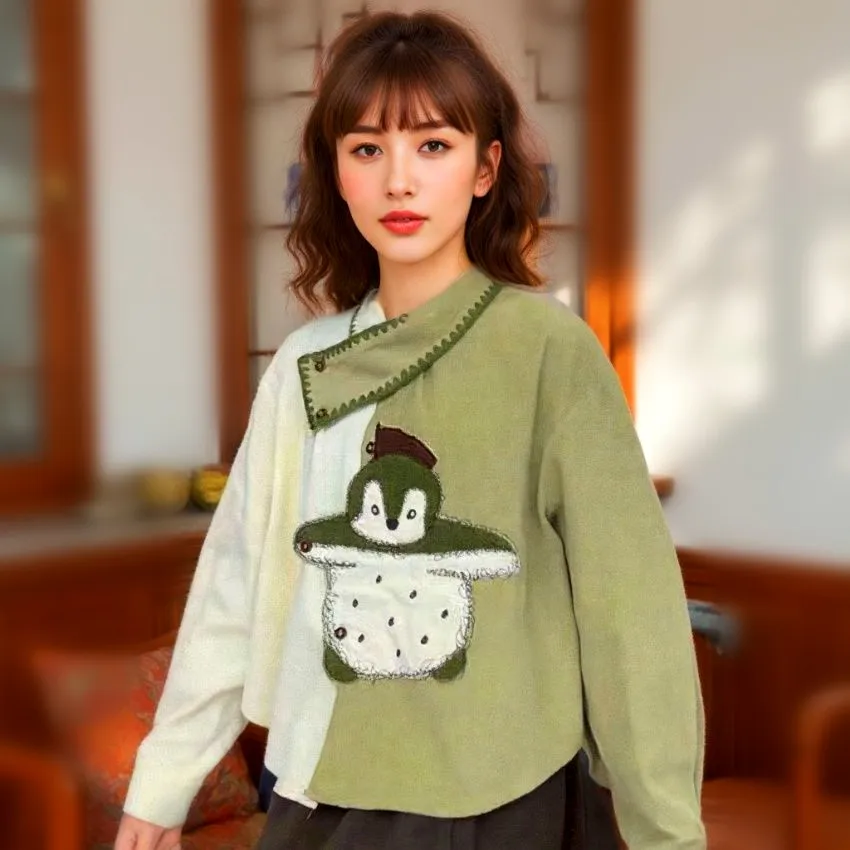

Women's Corduroy Blouses Preppy Style Cute Spliced Shirts Nice Green Cartoon Patchwork Embroidery Young Ladies Shirts Tops NZ287