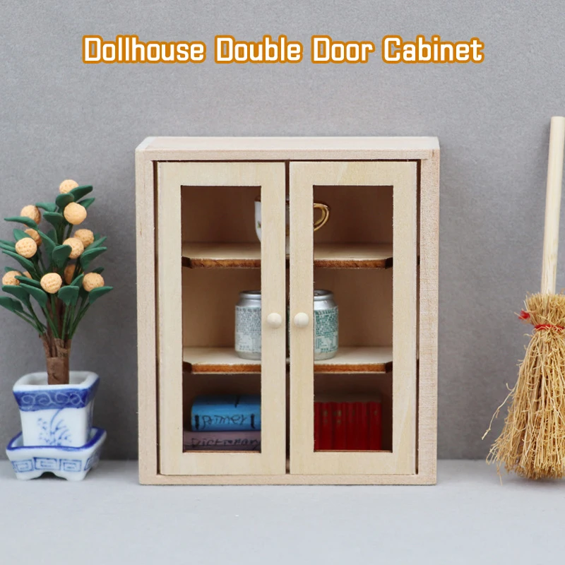 1:12 Dollhouse Miniature Double Door Cabinet Bookcase Storage Rack Mini Wooden Wall Mounted Display Shelf Furniture Model Toys