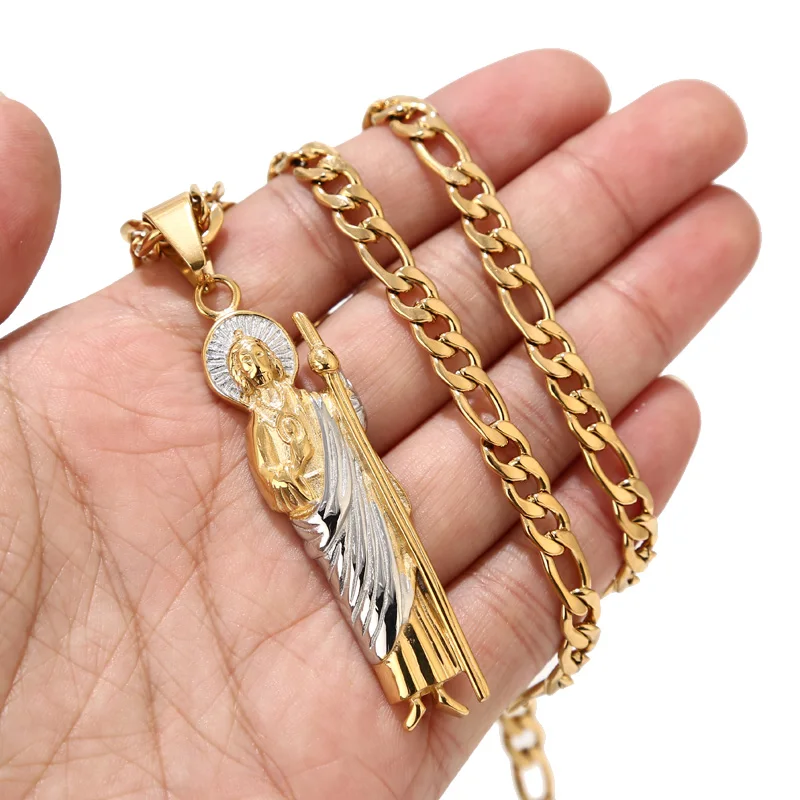 2pcs/lot Stainless Steel 63mm/81mm Jude Thaddeus Pray Religious Charm Necklace Jesus Crucifix Bible Prayer Christian For Gifts