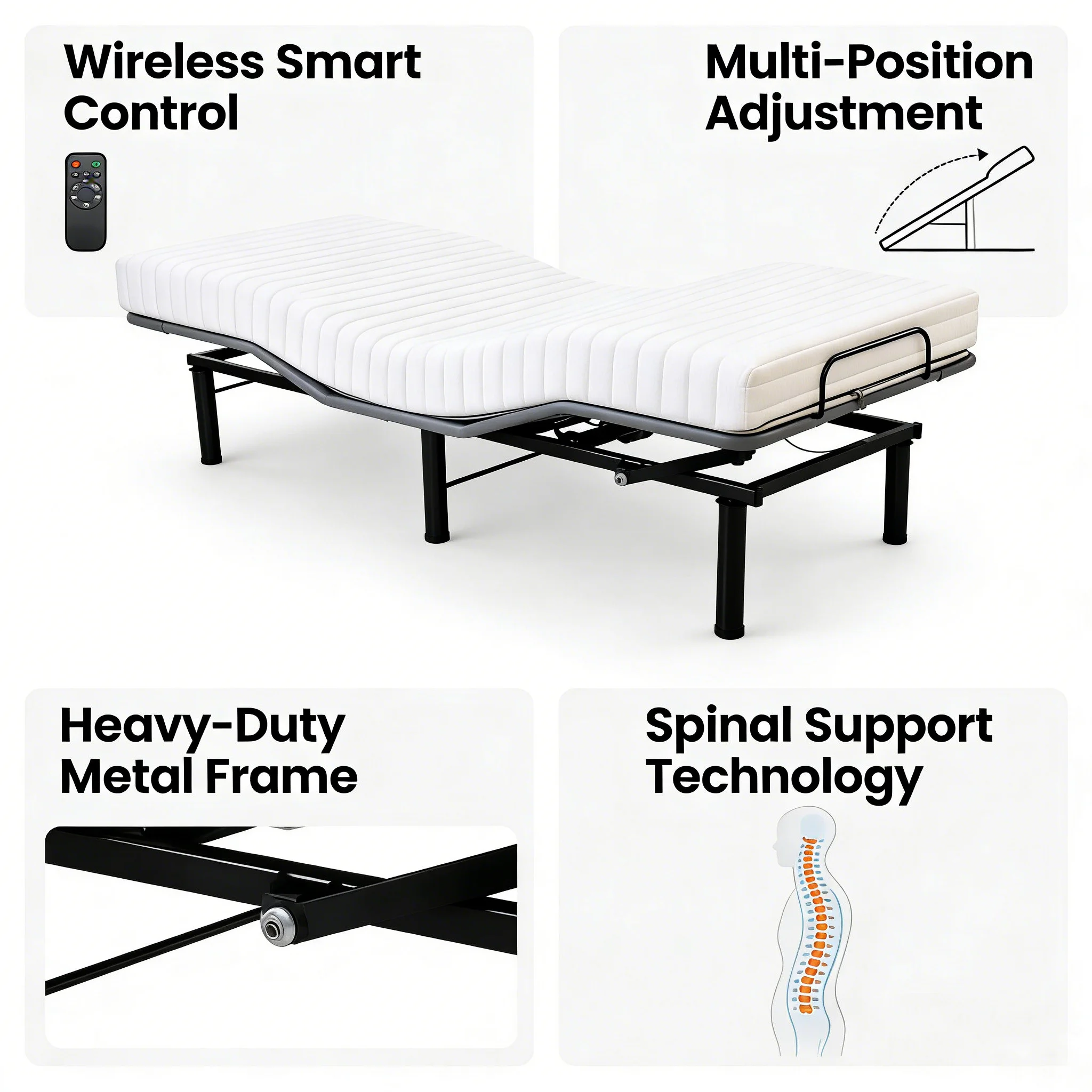 Modern Iron Electric Adjustable Bed, Reclining Comfort, Multi-Angle Support, Home Guest Room Villa School Use