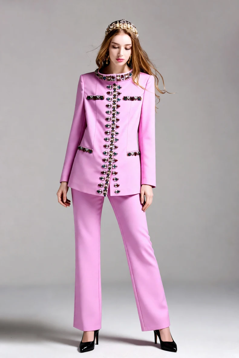 Women's Pink 2 Piece Suit Set with Colorful Rhinestone Embellished Blazer and Tailored Pants - Elegant Office, Party, Wedding