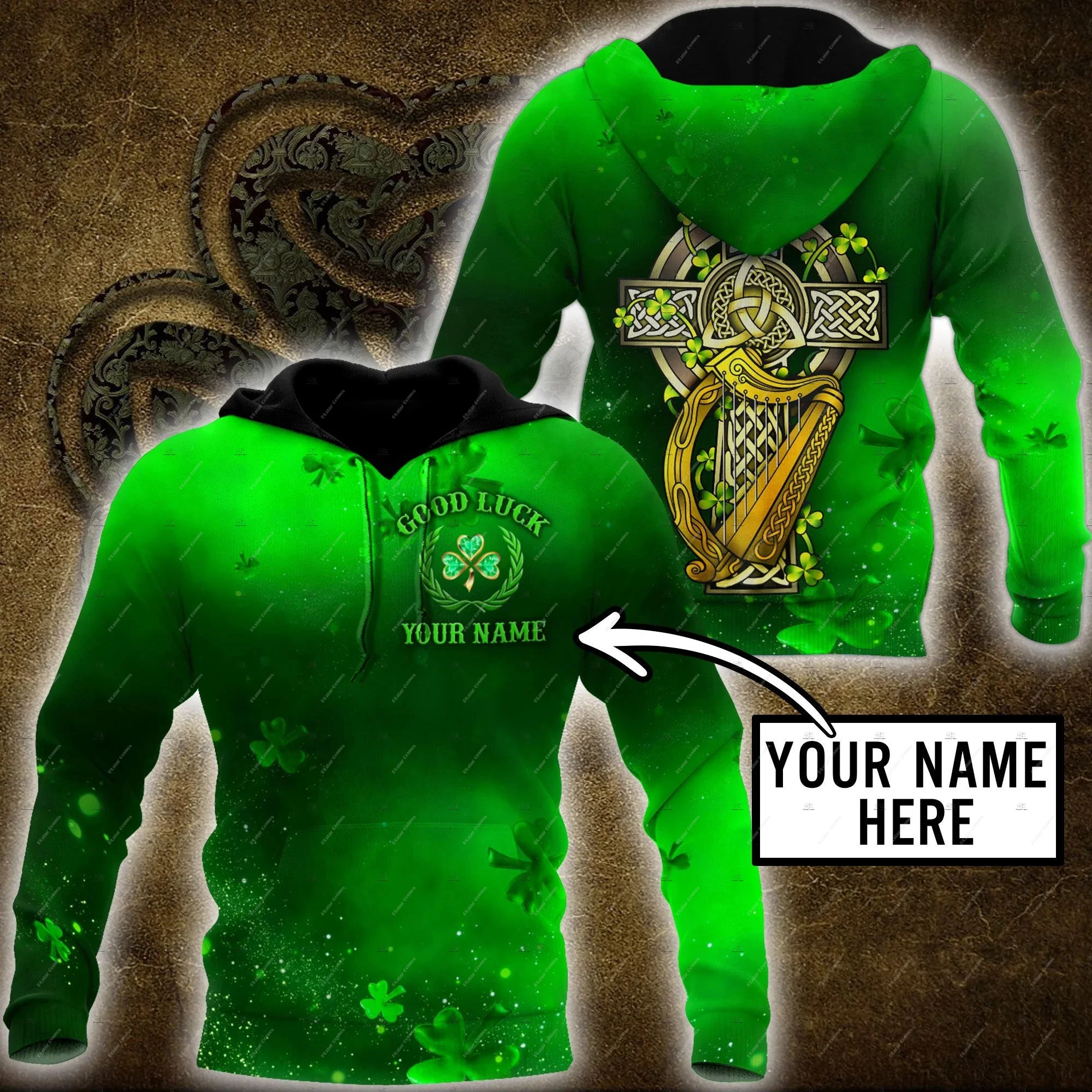Custom Name Irish Ireland Country Flag St.Patrick Tattoo Vintage Retro Unisex 3DPrint Harajuku Pullover Casual Jacket Hoodies 62