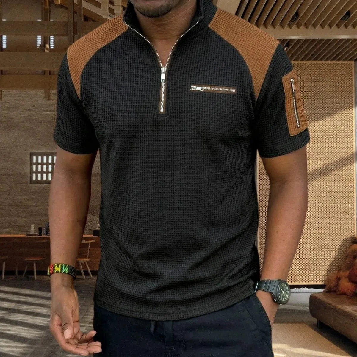 New summer men's retro check knit polo shirt- half-open short sleeves, breathable, form-fitting
