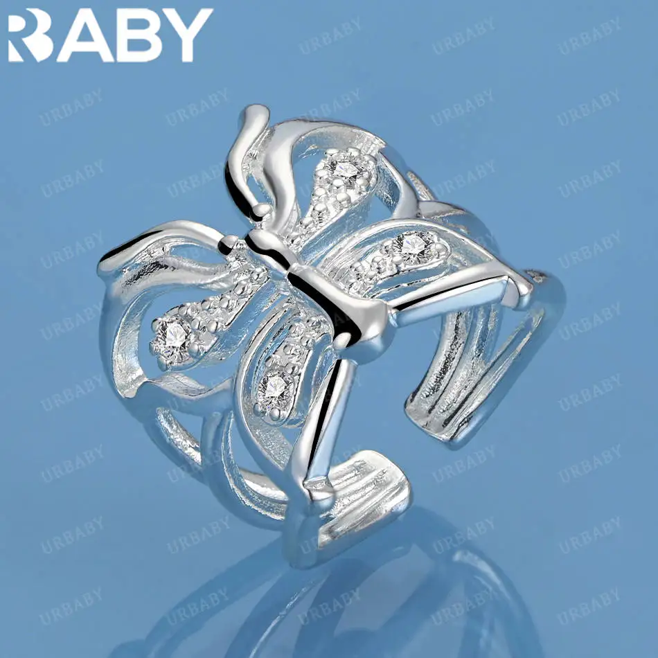 

URBABY стерлингового серебра 925 пробы с цирконием и бабочкой, открытое кольцо для женщин и мужчин, ювелирные изделия Grace, модные подарки на день рождения