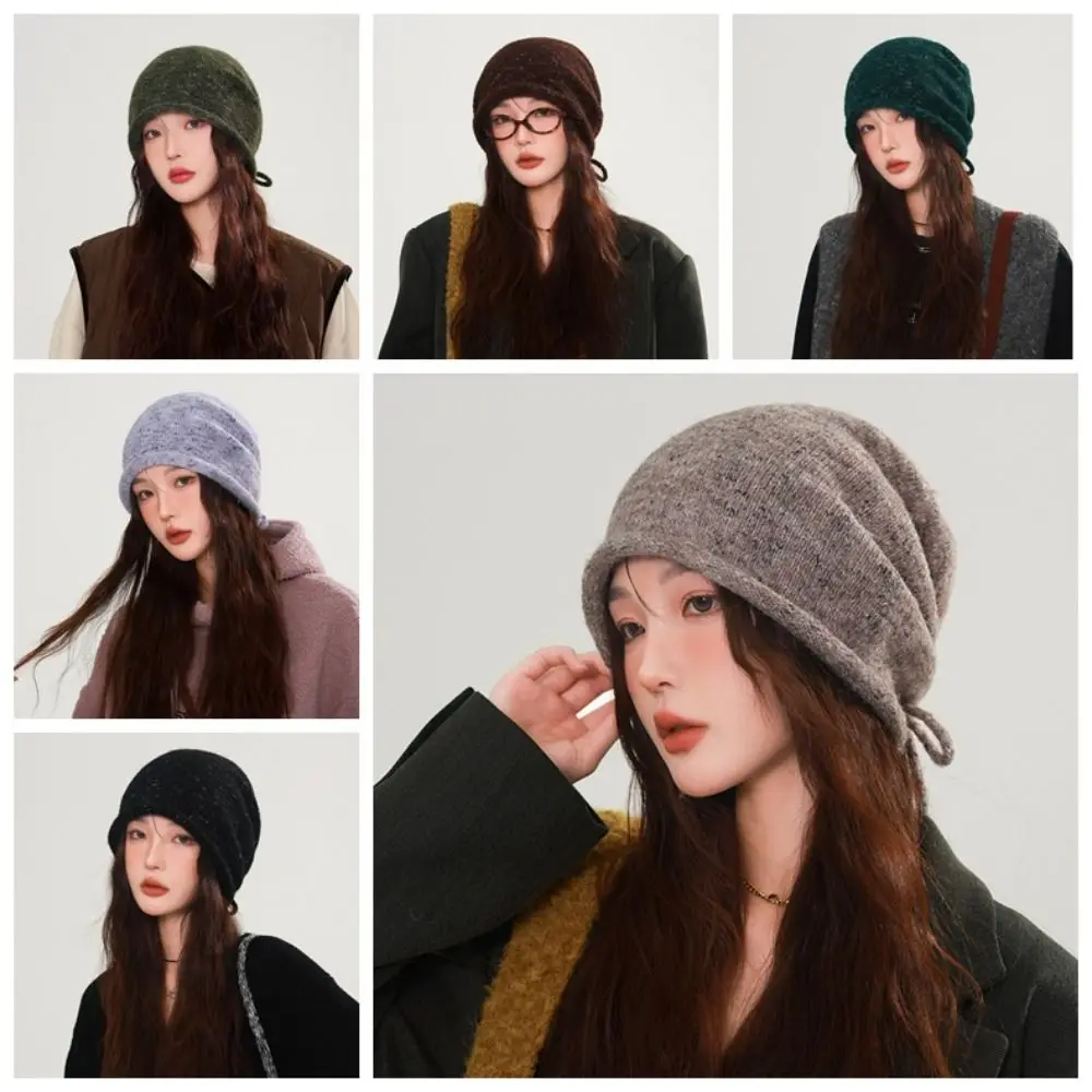Versatile Elastic Knitted Stacked Hat Hip-hop Korean Style Lace-up Hat Streetwear Headgear Y2K Pullover Cap Warmer