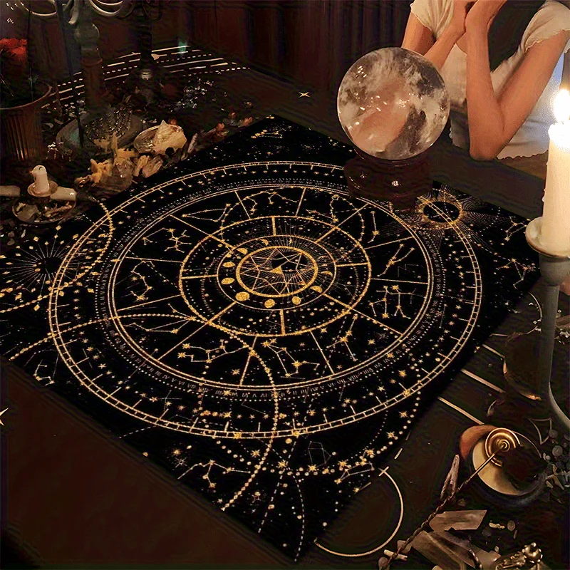Astrology Tarot Tablecloth - Black & Gold Zodiac Design for Readings, Meditation, Themed Parties, Durable Polyester