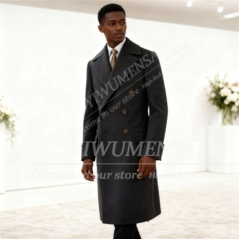 

British Style Men's Suit Jackets Outfits Double Breasted Woolen Blend Trench Coat Long Attire Customized Business Groom Tuxedos